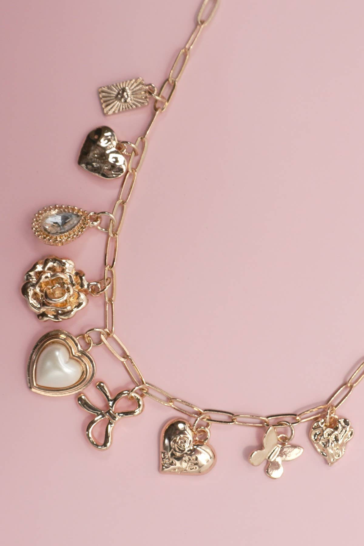Charm Necklace – Pearl Heart, Bow & Rhinestone Accents