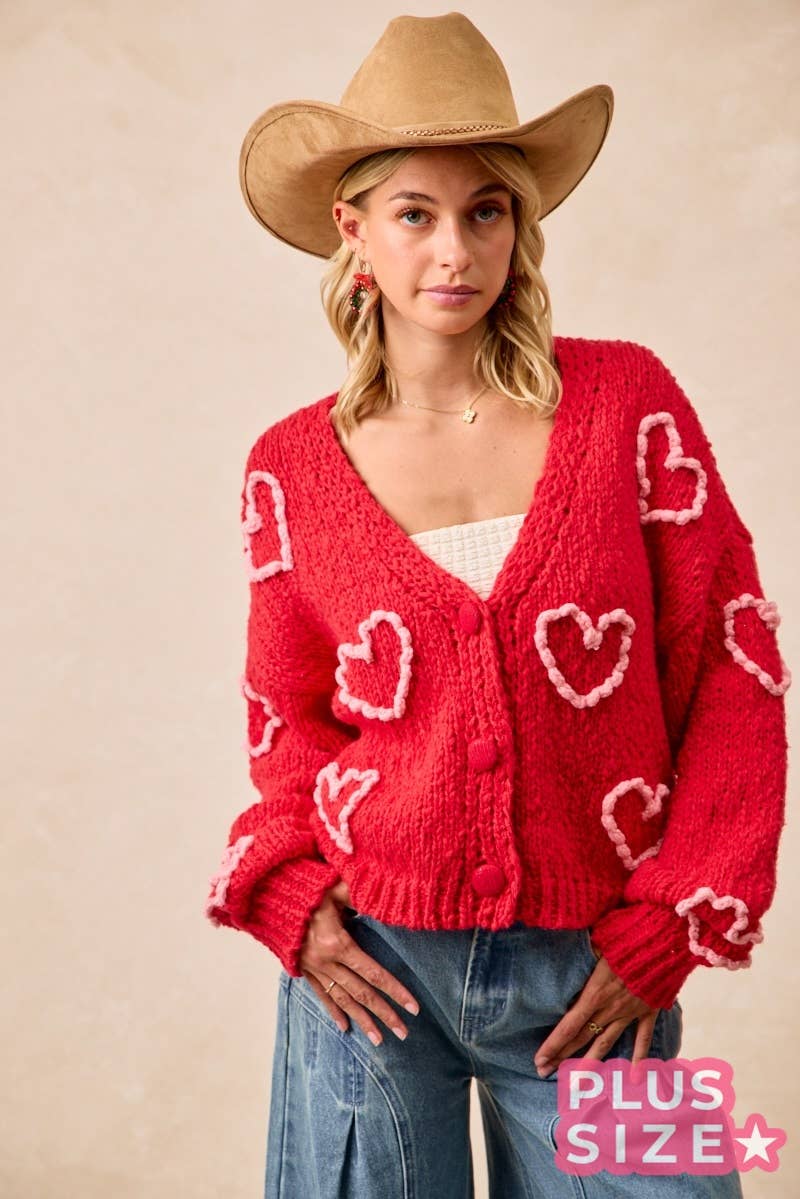 Heart Print Pom Pom Knit Cardigan