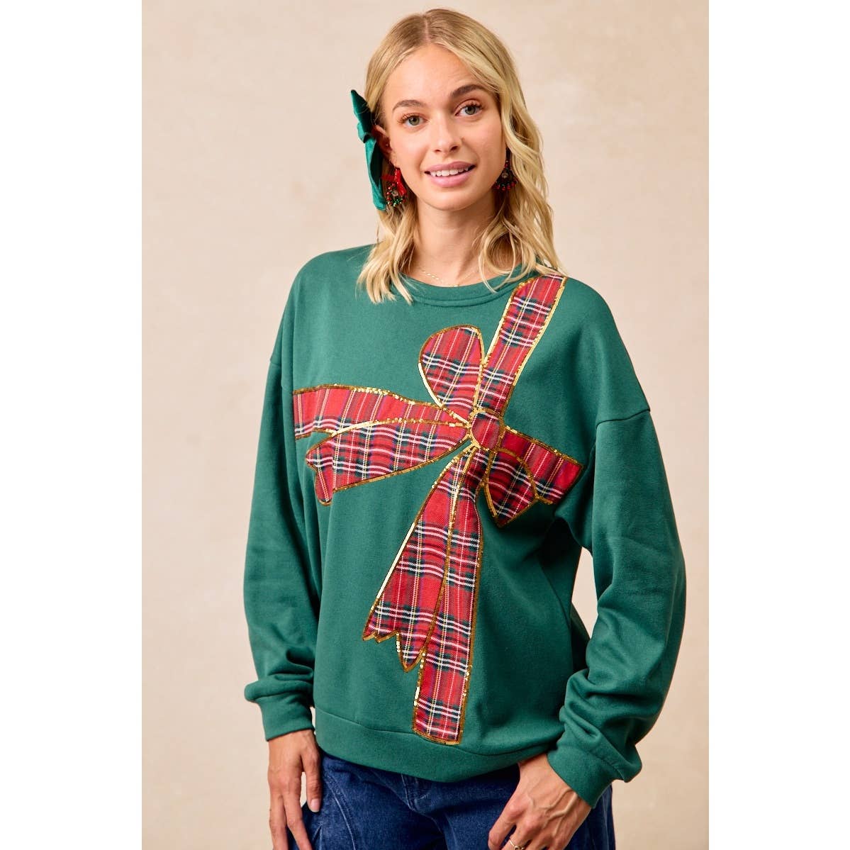 Christmas Plaid Bow Oversized Fleece Sweatshirt
