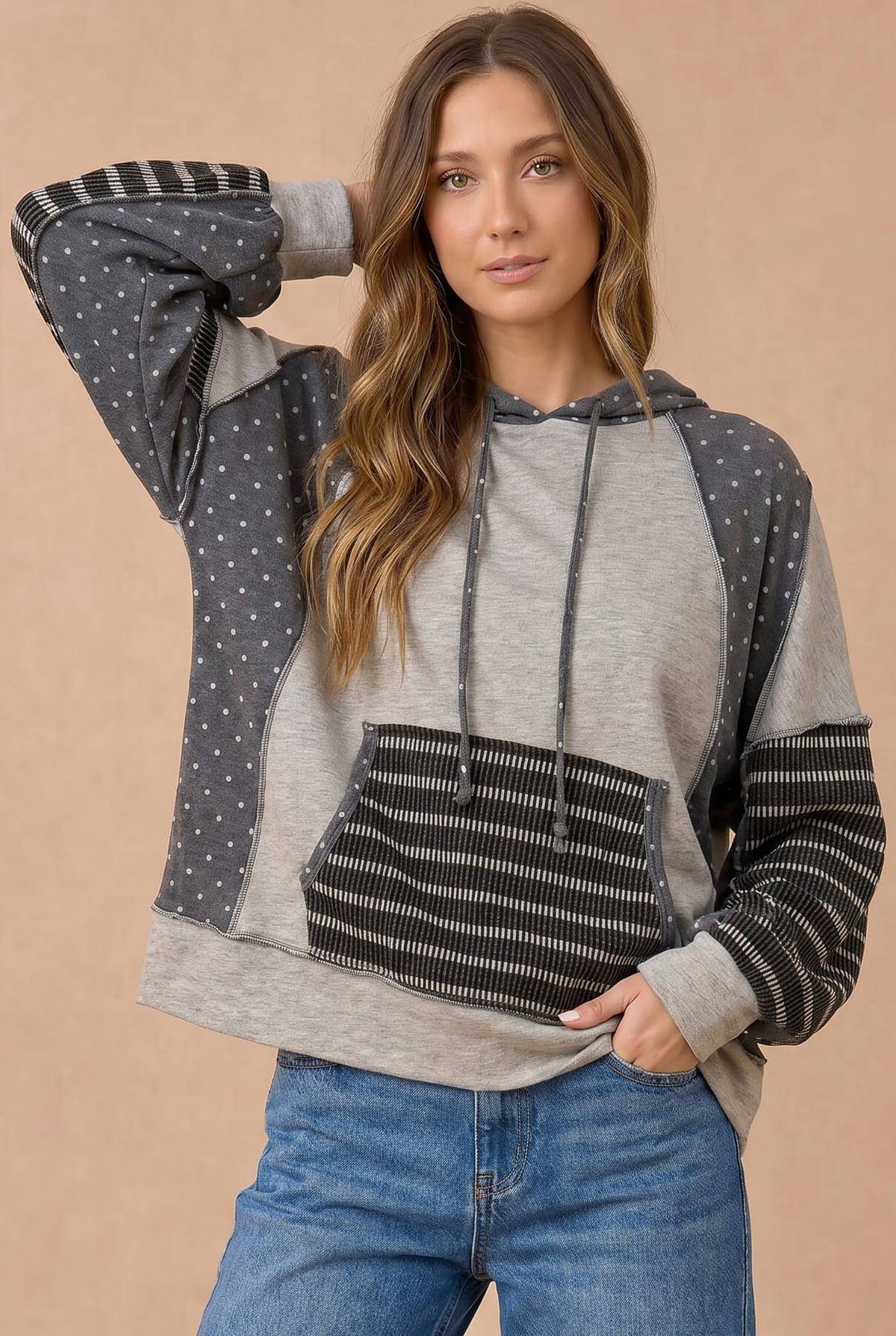 Polka Dot Patchwork French Terry Hoodie