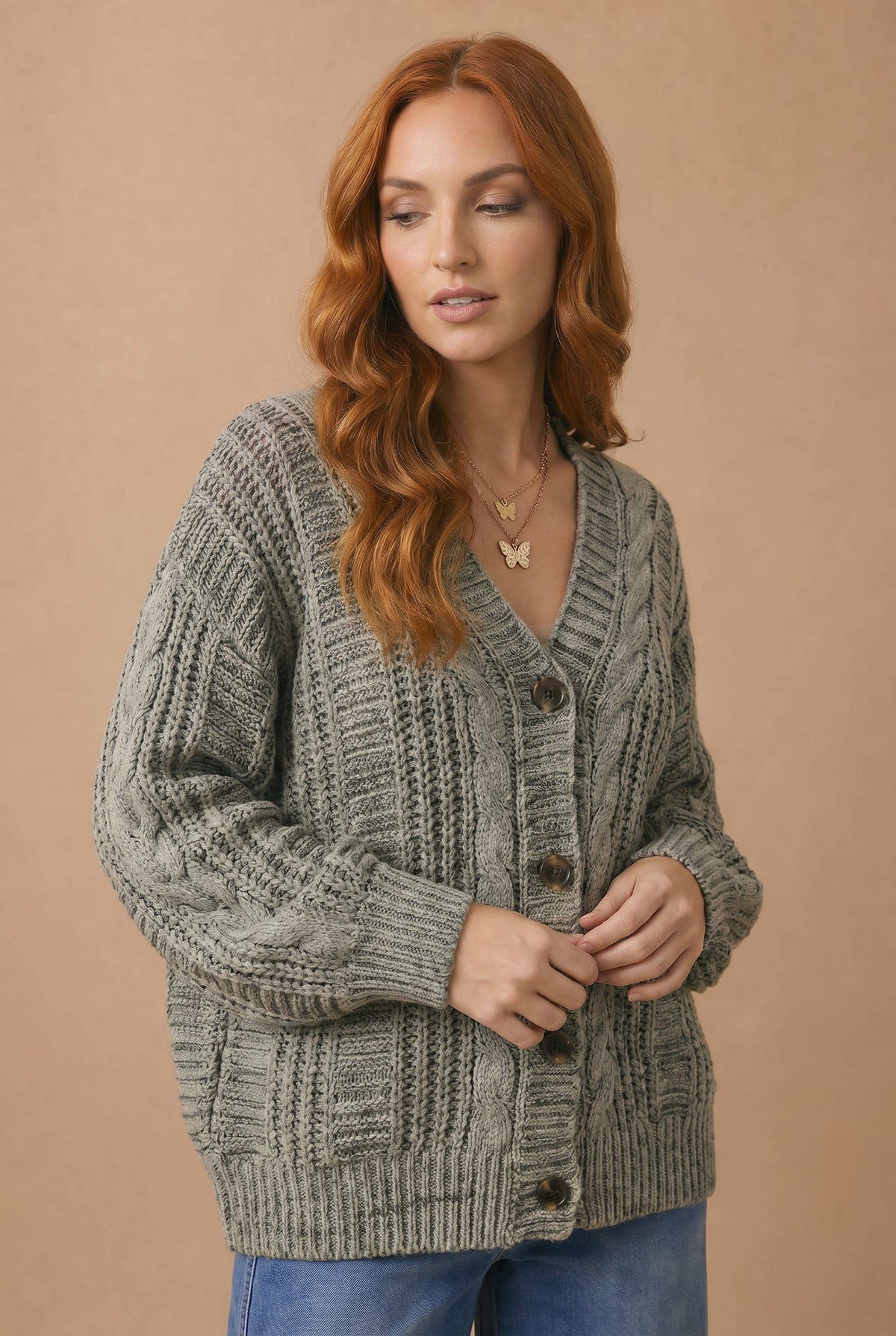 Two-Tone Chunky Cable Knit Button-Down Cardigan