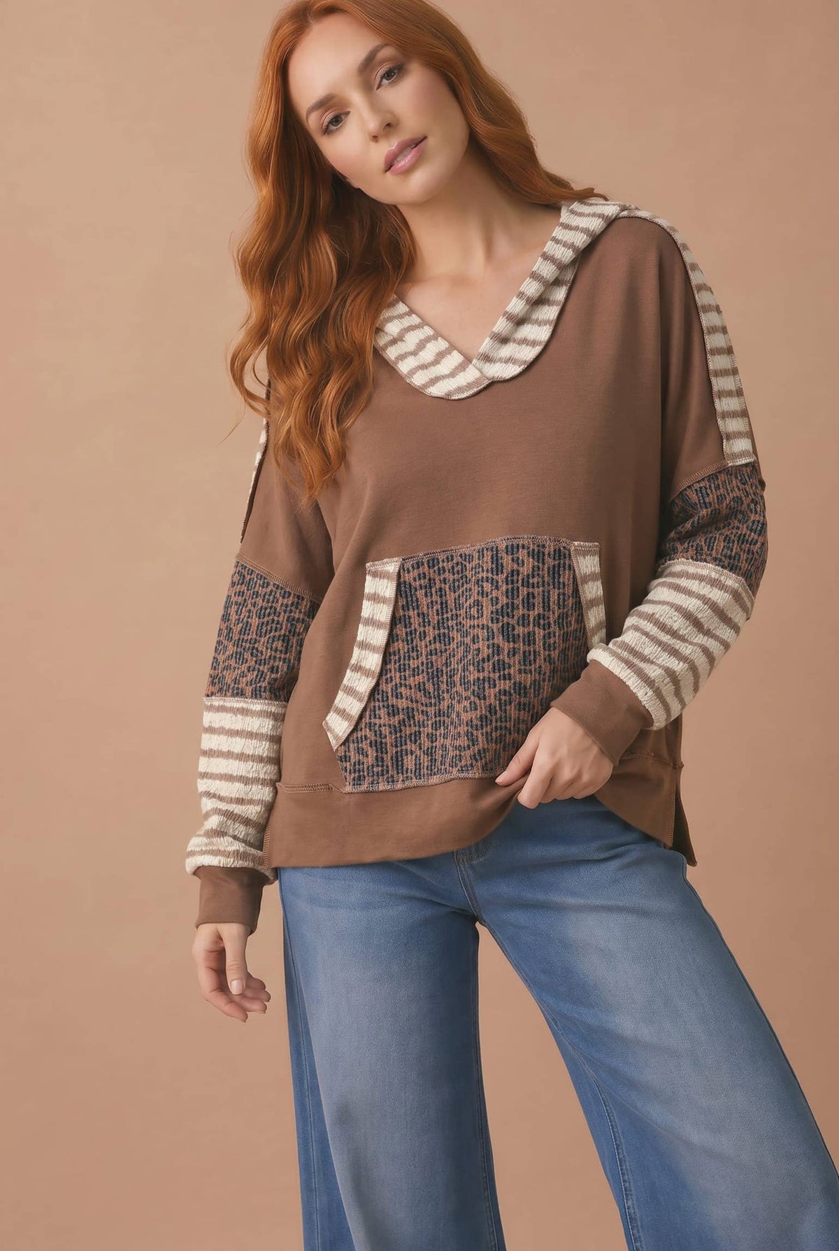 Plus Leopard Mixed Kangaroo Pocket Pullover Hoodie