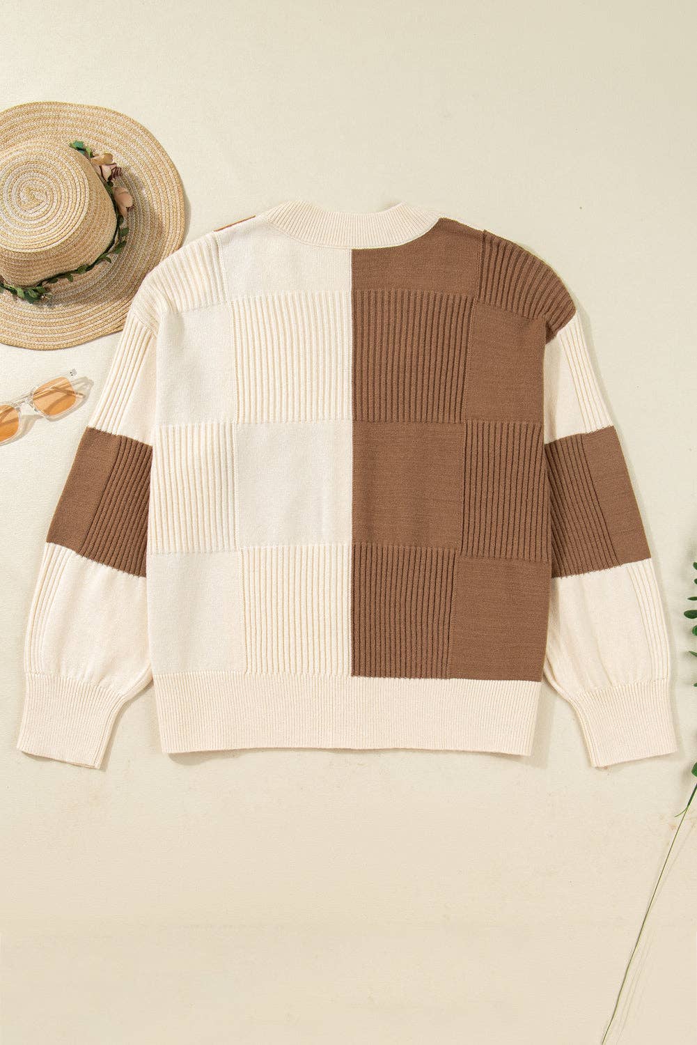 Plus Size Checker Ribbed Buttoned V-Neck Cardigan