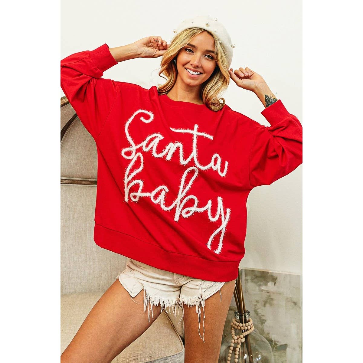 Santa Baby Tinsel Lettering Oversized Christmas Sweatshirt