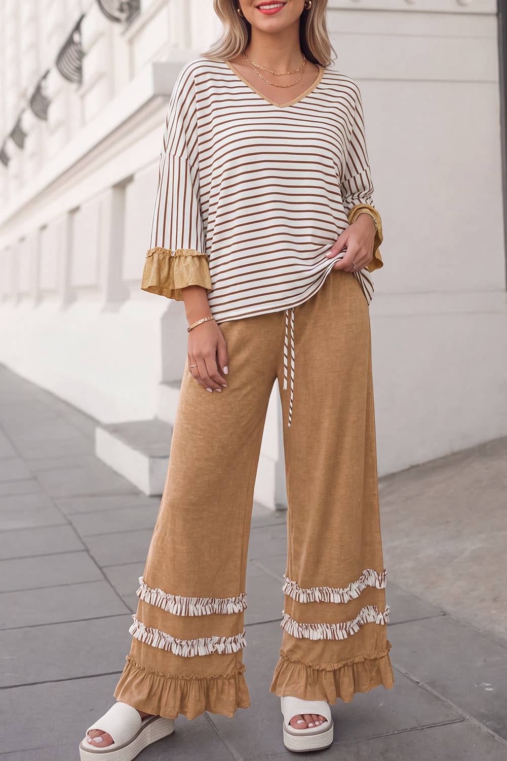 Ruffle & Stripe Wide Leg Pant Set