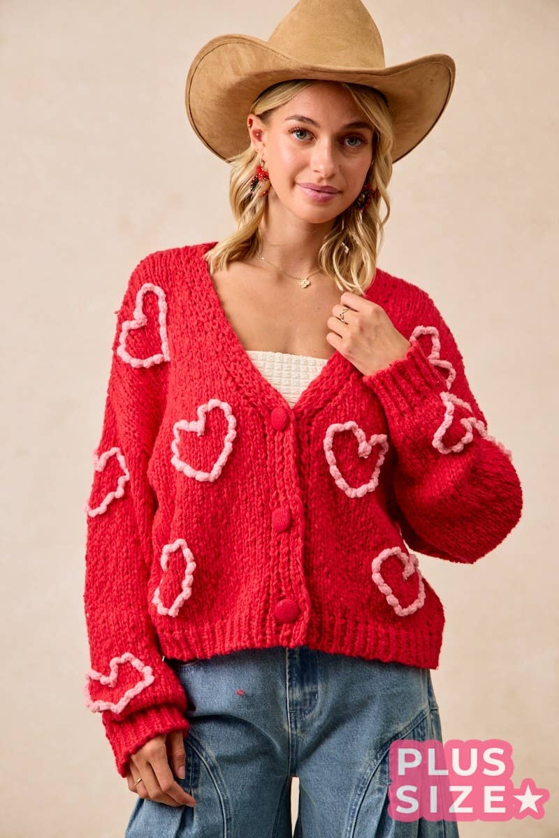 Heart Print Pom Pom Knit Cardigan