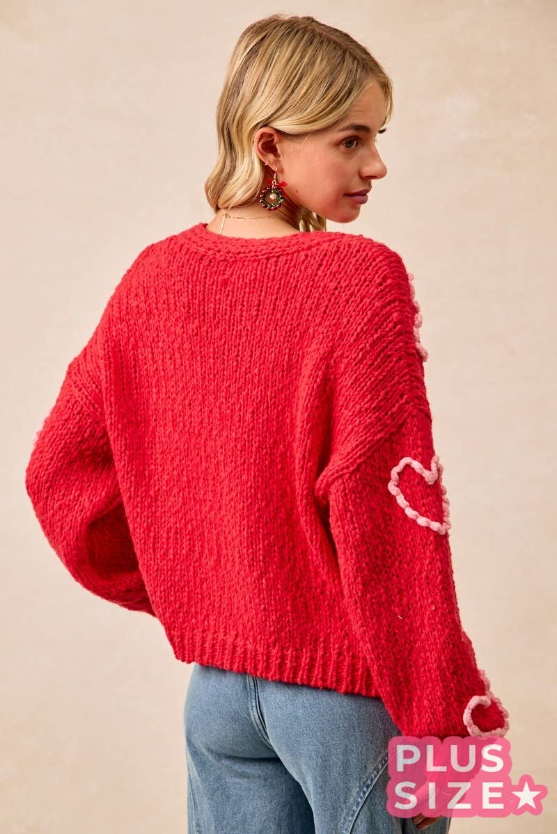Heart Print Pom Pom Knit Cardigan