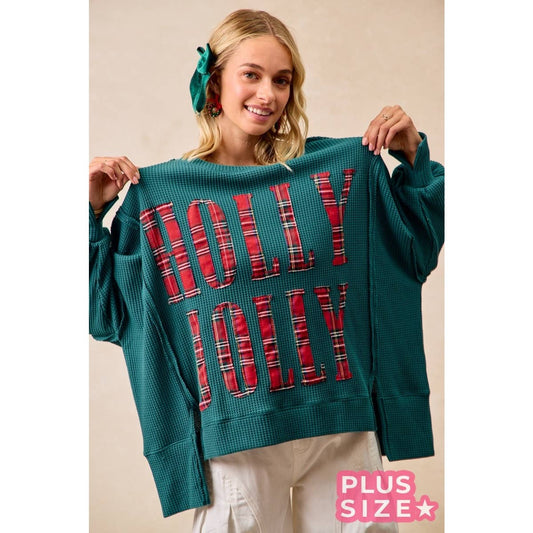 Holly Jolly Plaid Oversized Waffle Knit Christmas Sweatshirt
