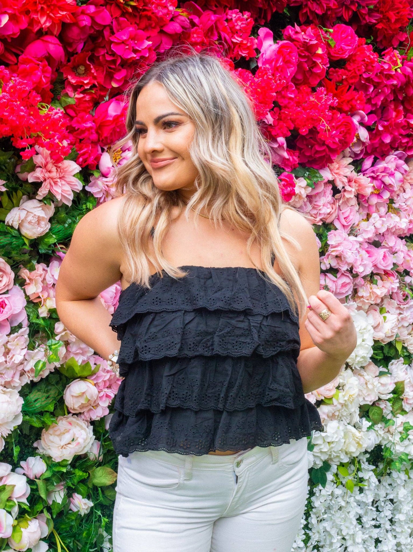 You're Making Me Blush Black Eyelet Ruffle Top Ruffle Top