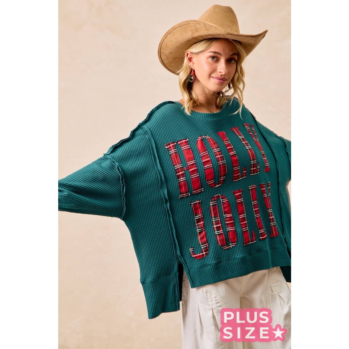 Holly Jolly Plaid Oversized Waffle Knit Christmas Sweatshirt