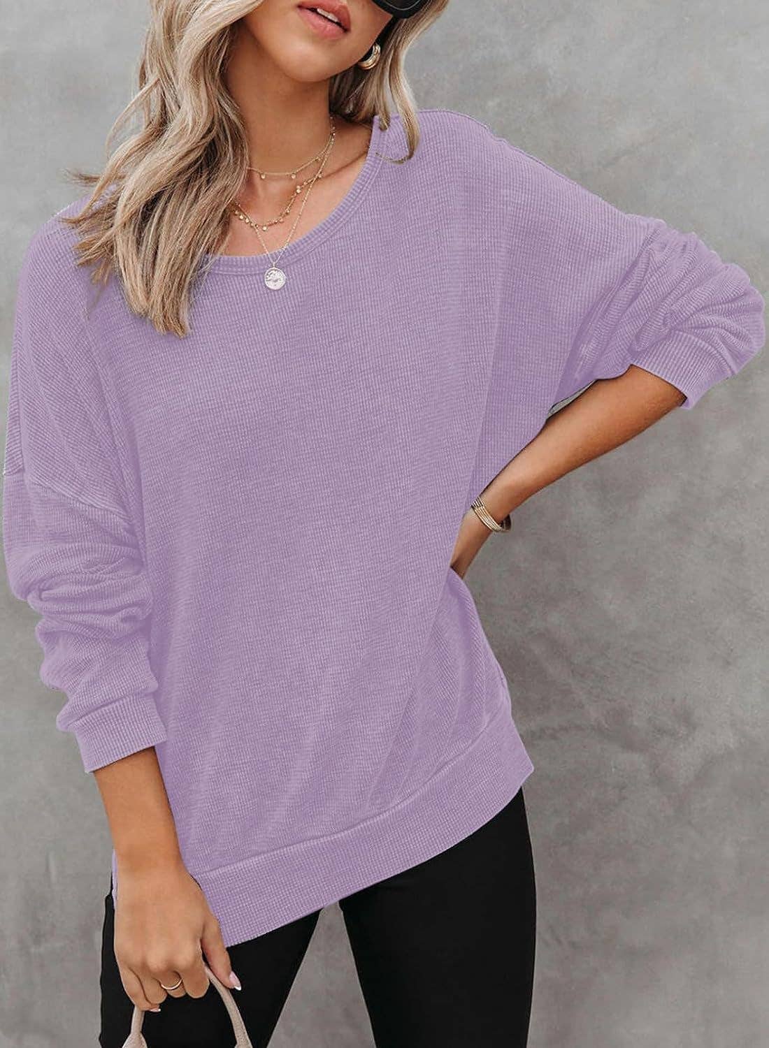 Solid Waffle Top Casual Oversized Drop Shoulder Pullover