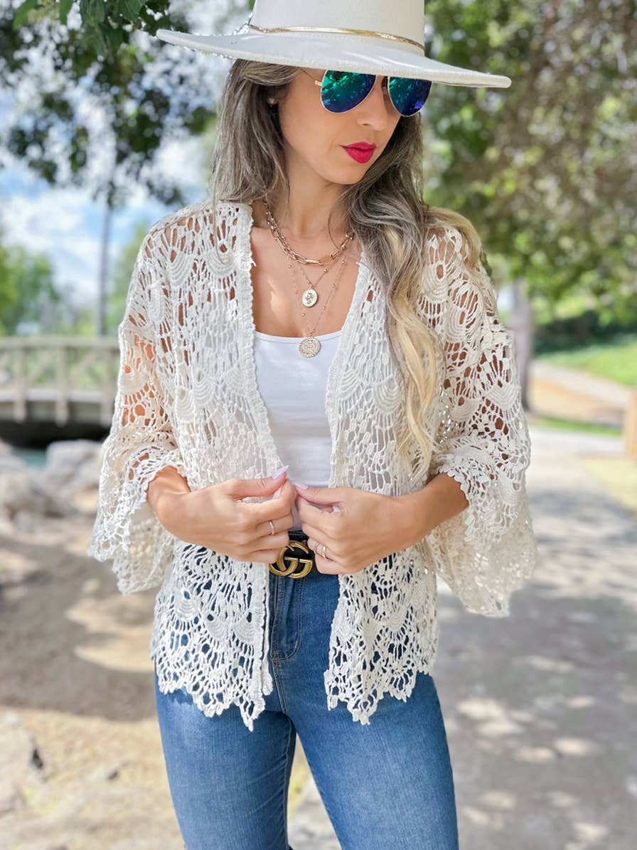 Boho Scallop Pattern Open Front Crochet Cardigan