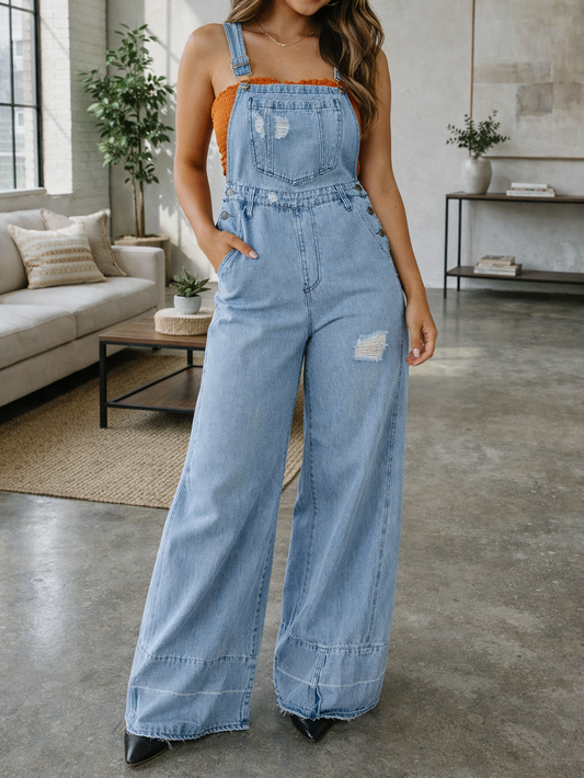 Vintage Washed Wide Leg Denim Overall Jumpsuit – Light Blue