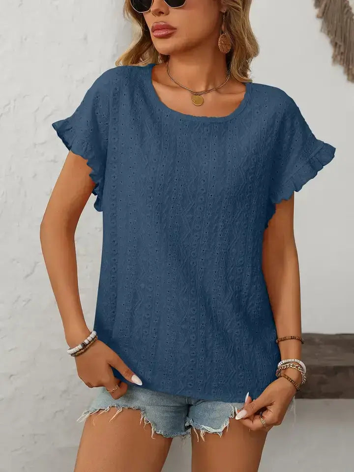 Light Blue Hollow-Out Crewneck Short Sleeve Summer Top