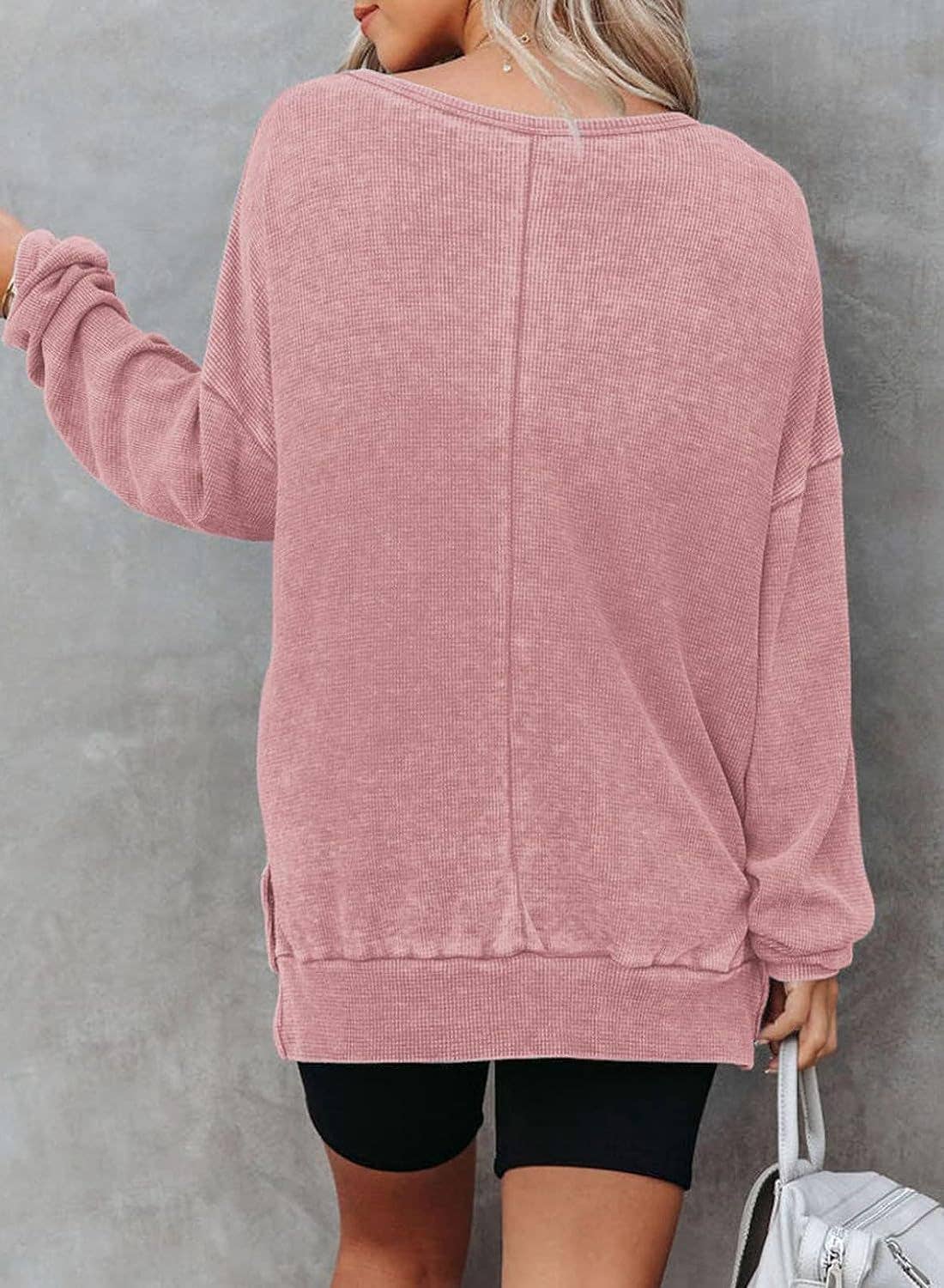 Solid Waffle Top Casual Oversized Drop Shoulder Pullover