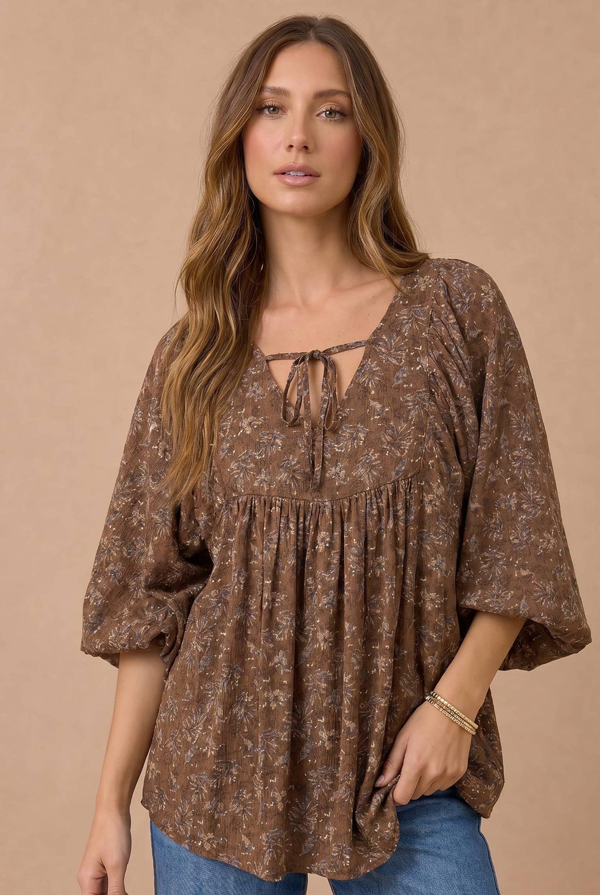 Mauve Floral Boho Peasant Blouse