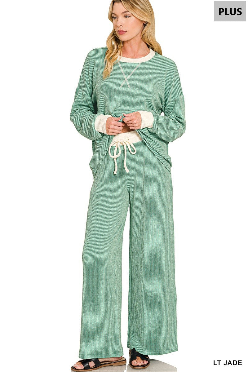Cozy Raised Rib Two-Piece Lounge Set – Red, Black & Jade Green